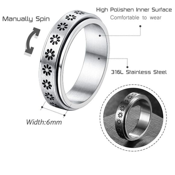 316L Stainless Steel Daisy Flower Fidget Anxiety Stress Relieving Spin Ring - Picture 4 of 4